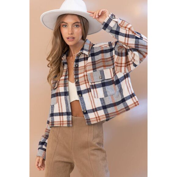 Blue B Collection Fall Plaid Flannel Cropped Shirt Jacket Shacket - Picture 1 of 5